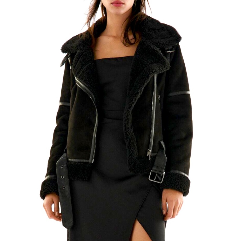 Zara double faced biker jacket shearling/ leather